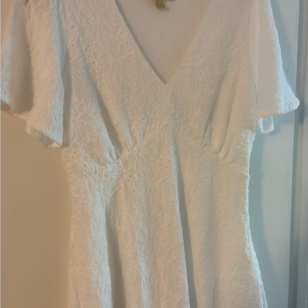 Michael Kors White V-Neck Textured Midi Dress